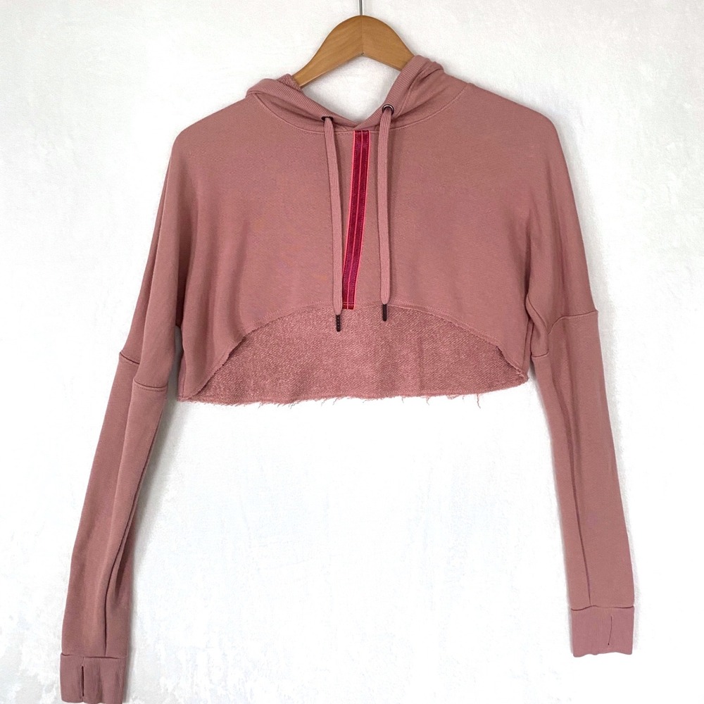 Splendid‎ Pink Cropped Hoodie Raw Hem Thumbholes Long Sleeve Athleisure XS